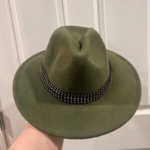 Time and Tru Olive Green Wide Brim Fedora Hat w/ Studded Band One Size